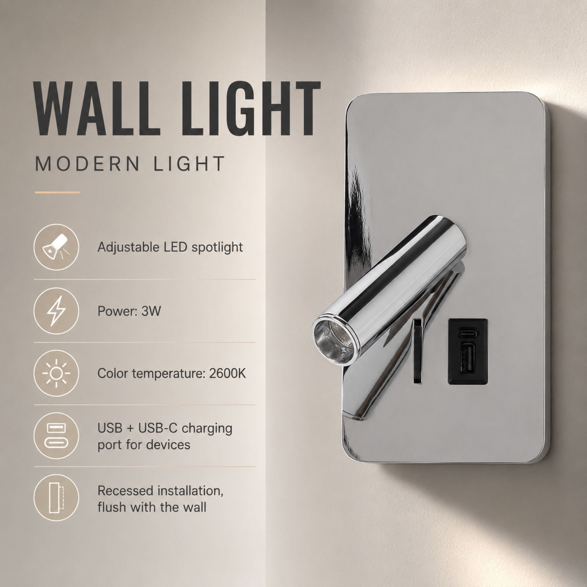 Aplique de pared "NORU" - 3W - 2600K - USB+USB-C - Empotrable (29)