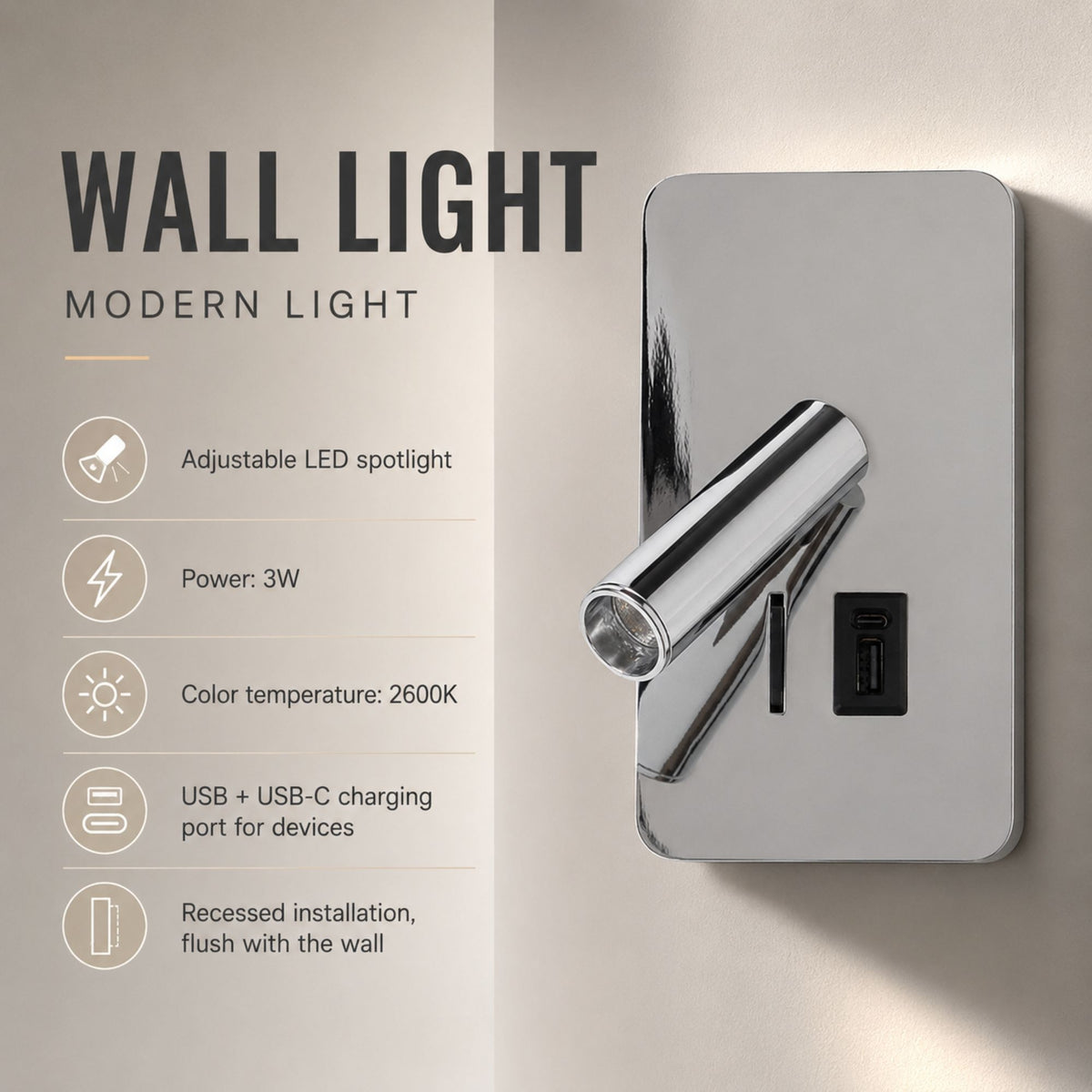 Aplique de pared "NORU" - 3W - 2600K - USB+USB-C - Empotrable (37)