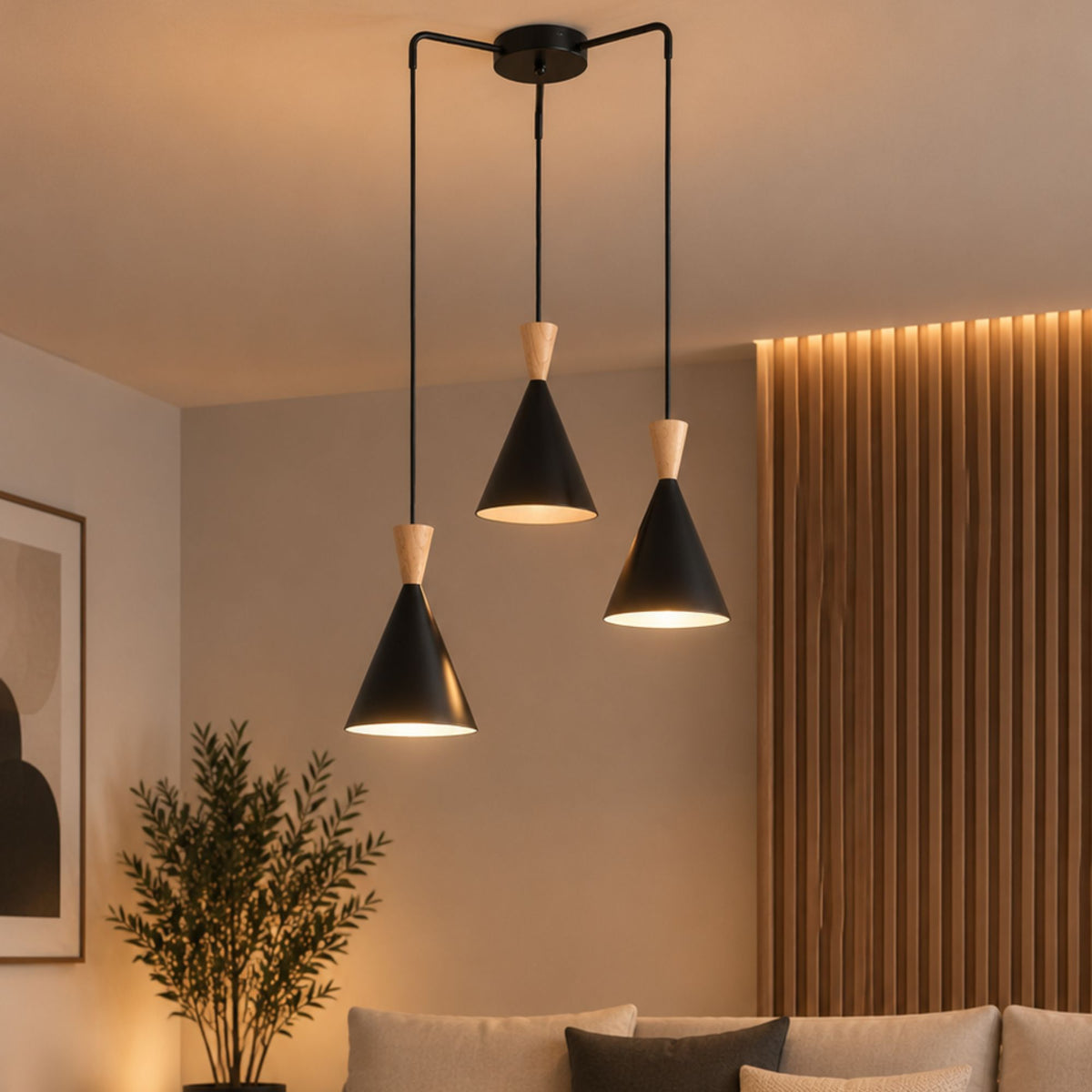 Lámpara colgante triple de metal y madera "Lima" (2)