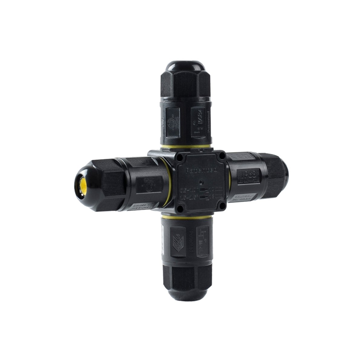 Conector impermeable en X - 3P - IP68 - 0,5-2,5mm² - 24A - T105 - Barcelona Led-Material eléctrico