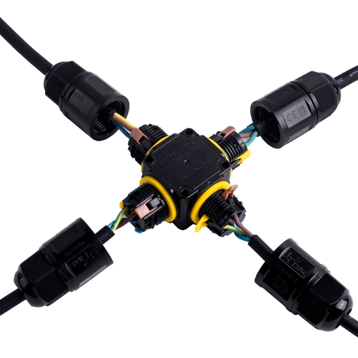 Conector impermeable en X - 3P - IP68 - 0,5-2,5mm² - 24A - T105 - Barcelona Led-Material eléctrico
