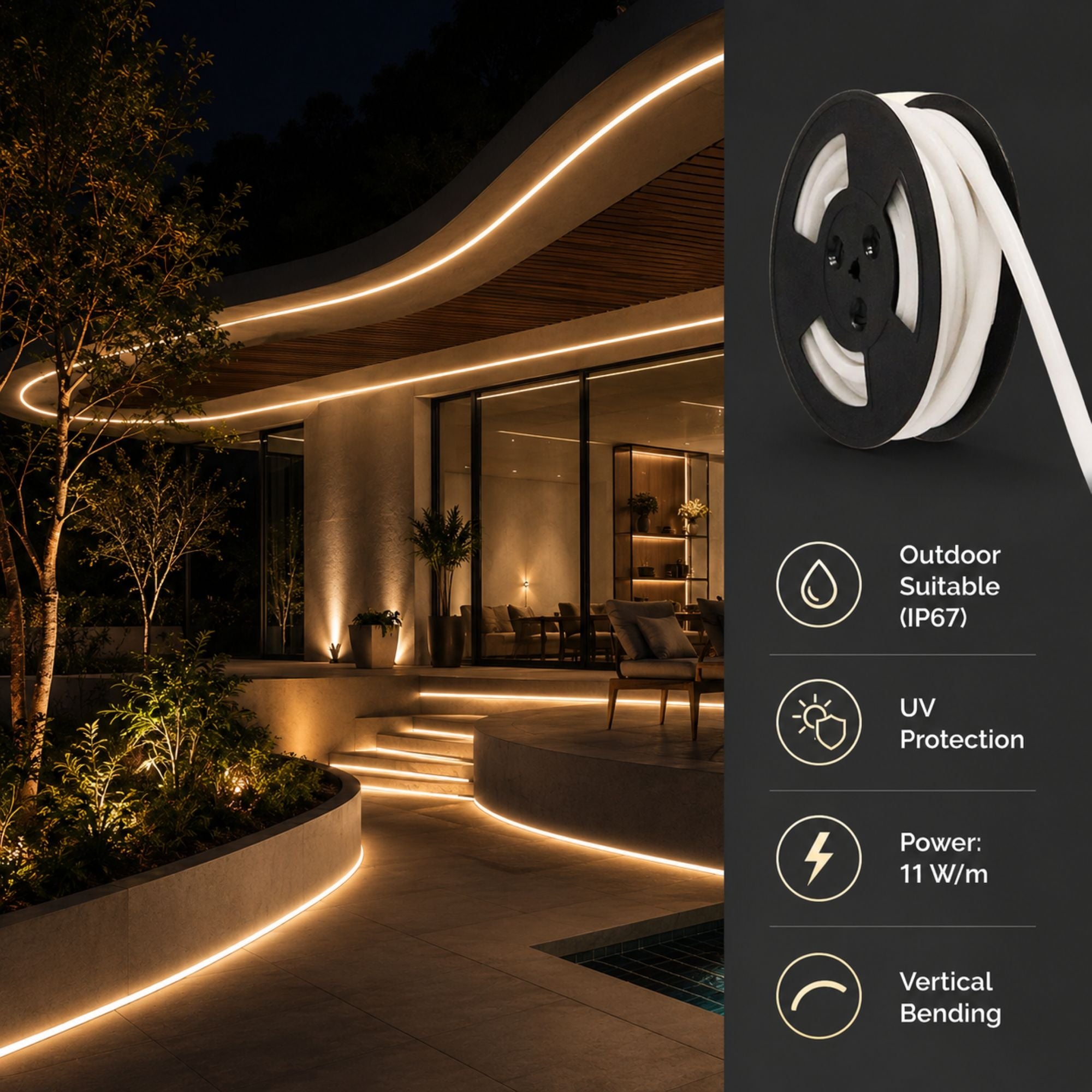 Neón LED flexible 24V DC - 12x12mm - 10 metros - Kit completo - 11W/m - IP67 - Curvatura vertical (33)