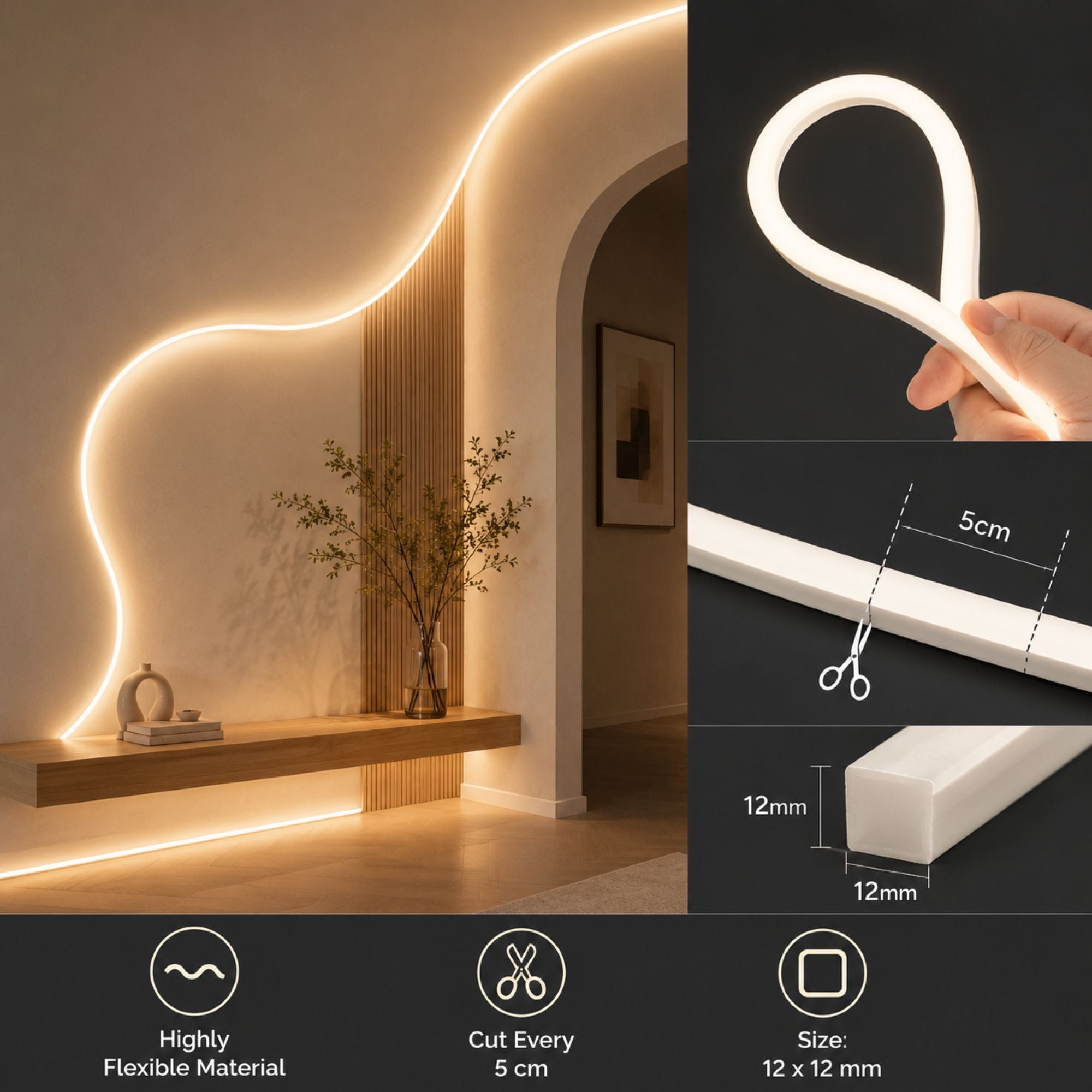 Neón LED flexible 24V DC - 12x12mm - 10 metros - Kit completo - 11W/m - IP67 - Curvatura vertical (34)