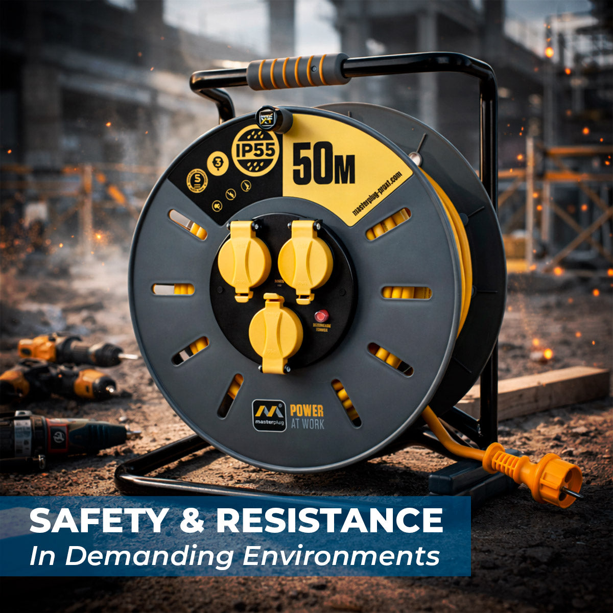 Enrollacables Pro-XT - 3 tomas - Cable alta visibilidad 3x1,5mm2 - 50m - IP55 (1)