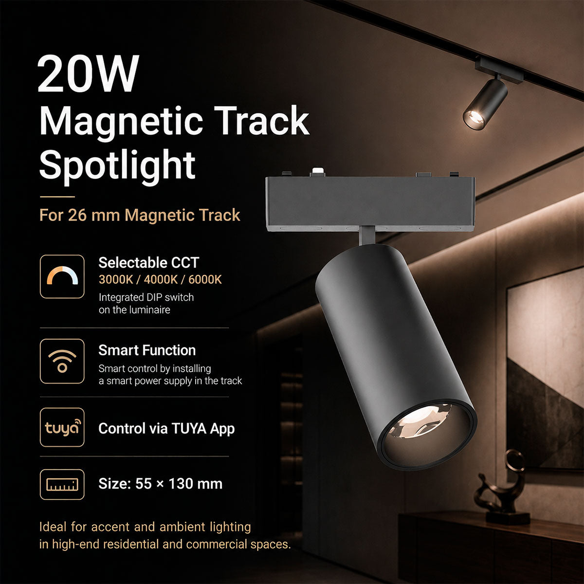 Foco LED orientable para carril magnético - 20W - 26mm - 24° - CCT + SMART - 48V (2)