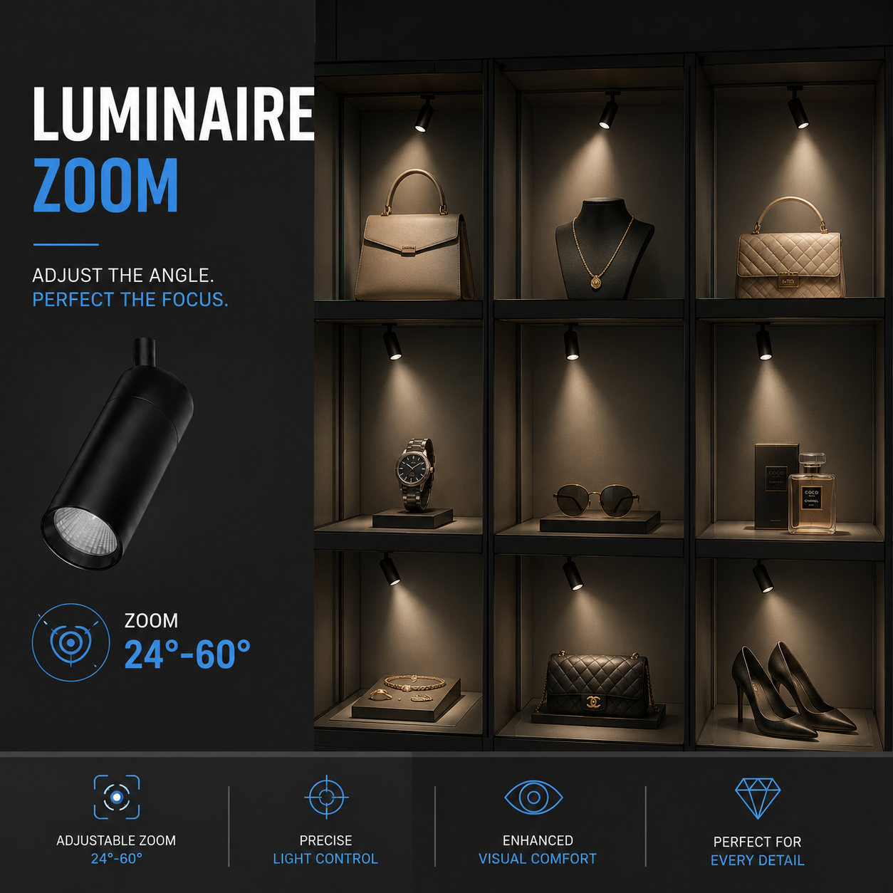 Foco LED con zoom para carril magnético - 5mm - 24°-60º - 2W - 24V (3)