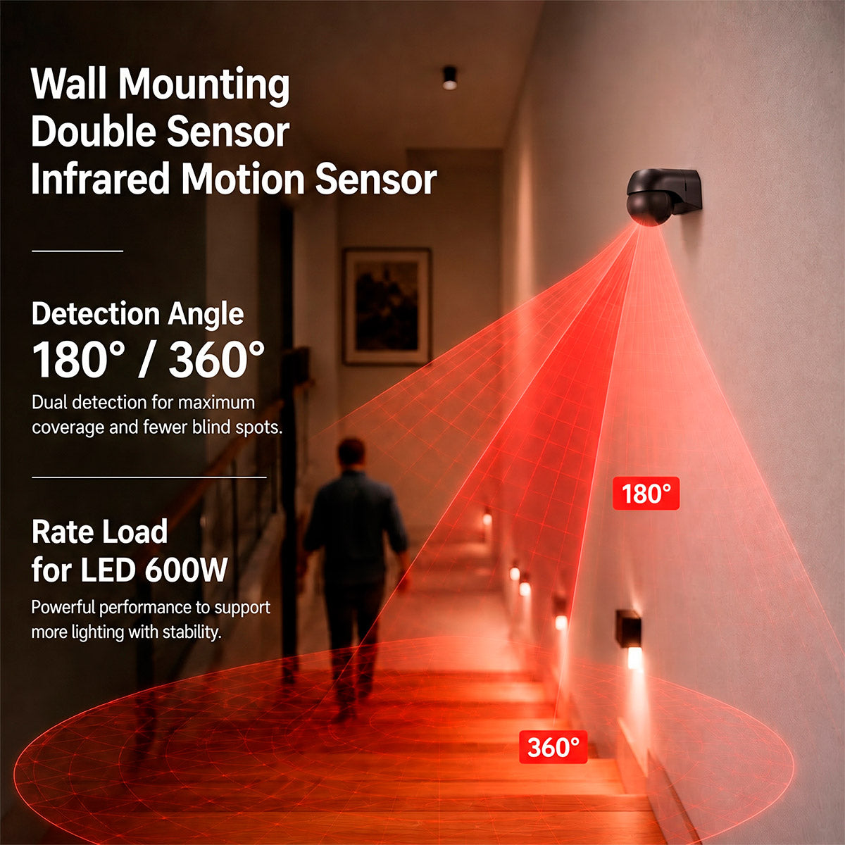 Sensor de movimiento PIR de pared - 180°/360° - 600W - IP44 (6)