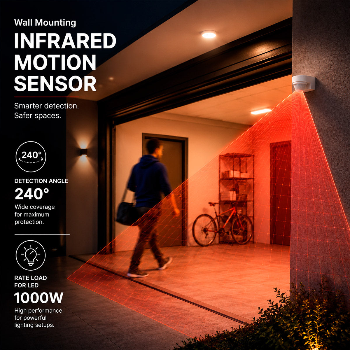 Sensor de movimiento PIR  de pared - 240° - 1000W - IP65 (1)
