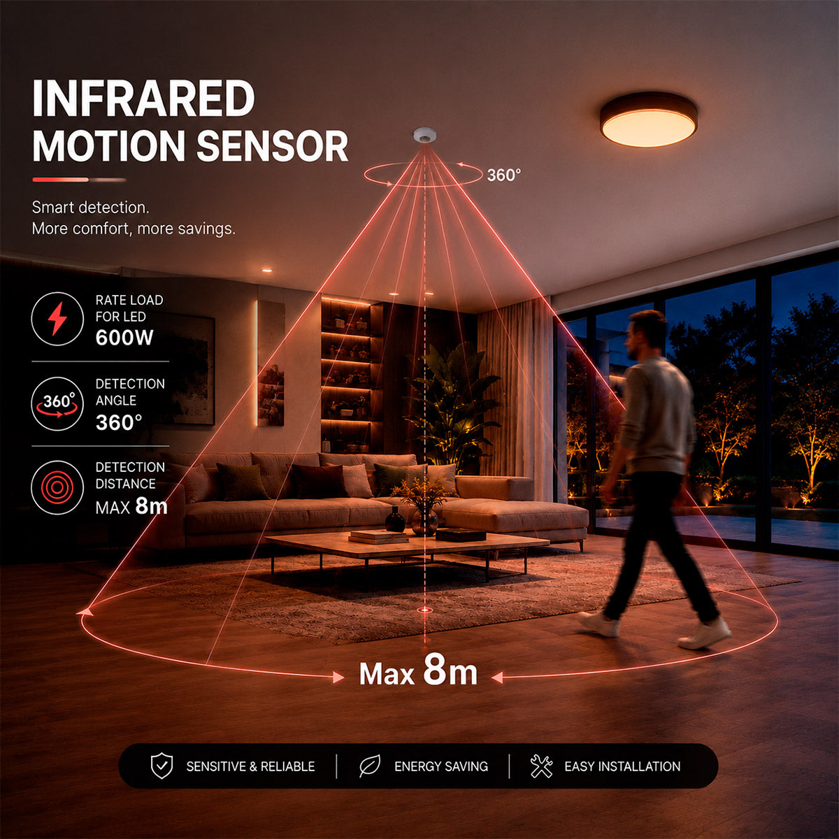 Sensor PIR de movimiento - Superficie/Empotrable - 600W - 360° - IP20 (2)
