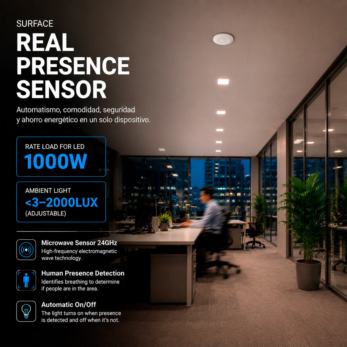 Sensor de presencia por microondas - Superficie - 360º - 1000W - IP20 (1)