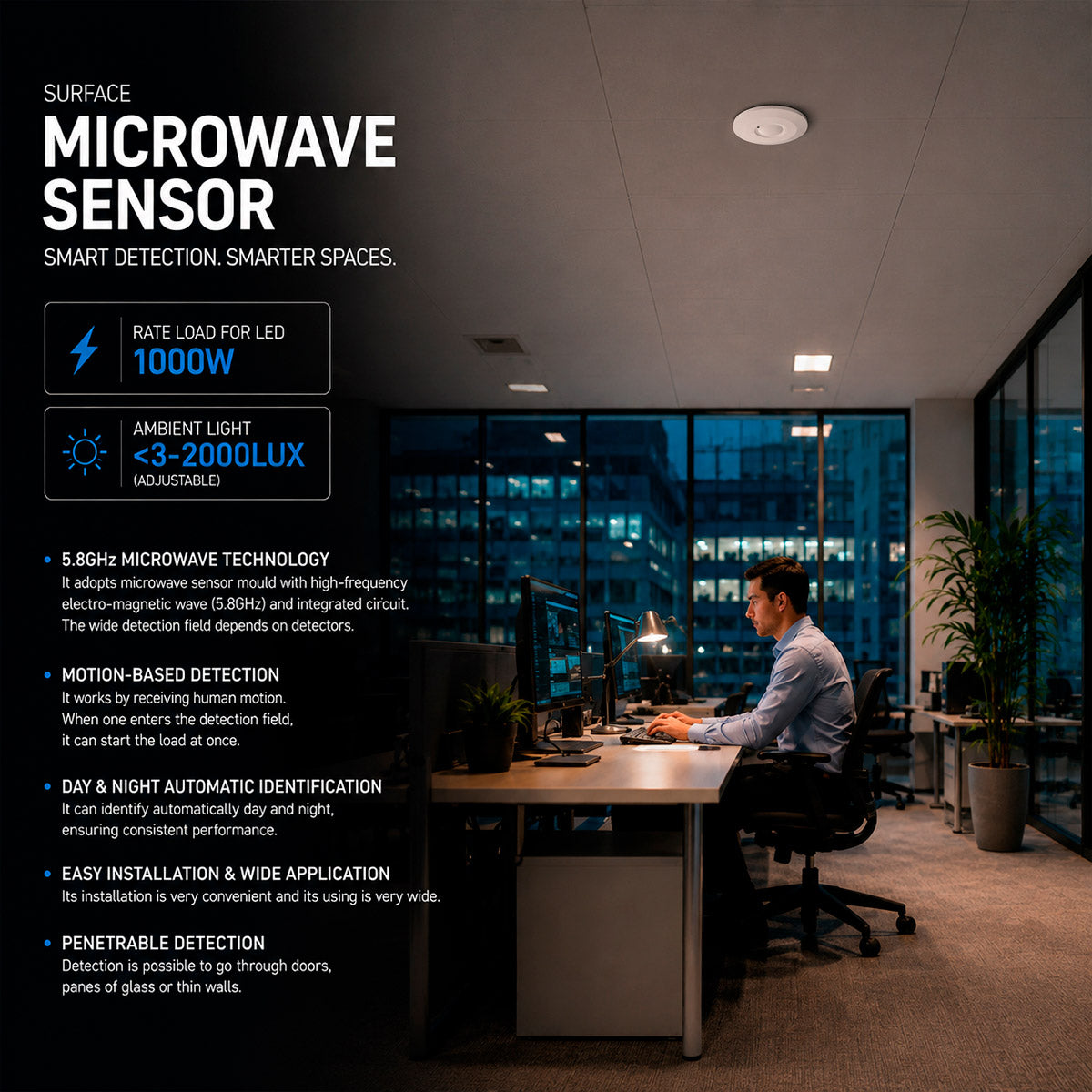Sensor de movimiento por microondas - Superficie - 360º - 1000W - IP20 (2)