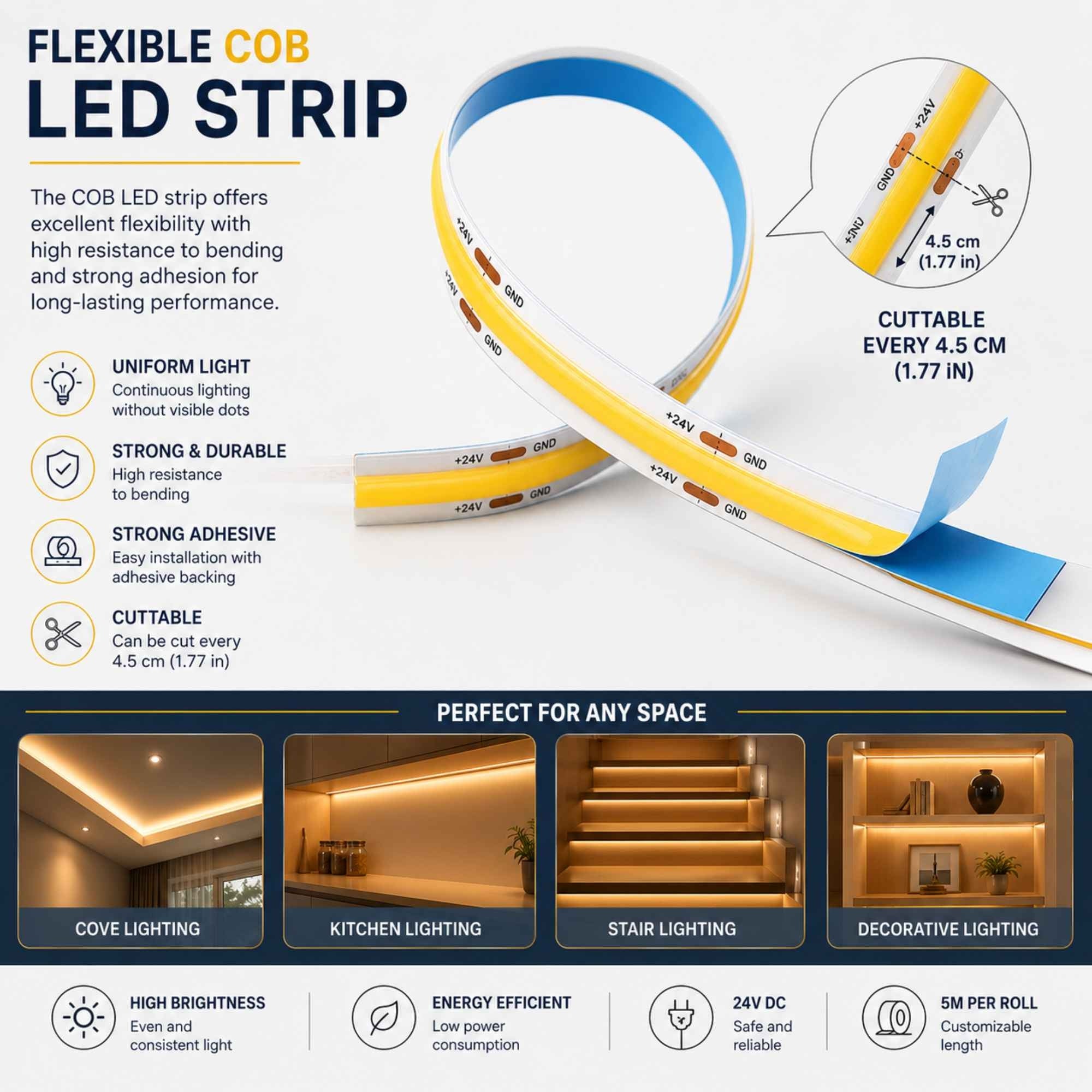 Tira LED COB 24V DC - 12W/m - 8mm - IP20 - Rollo de 5 metros - Corte cada 4,5 cm (5)