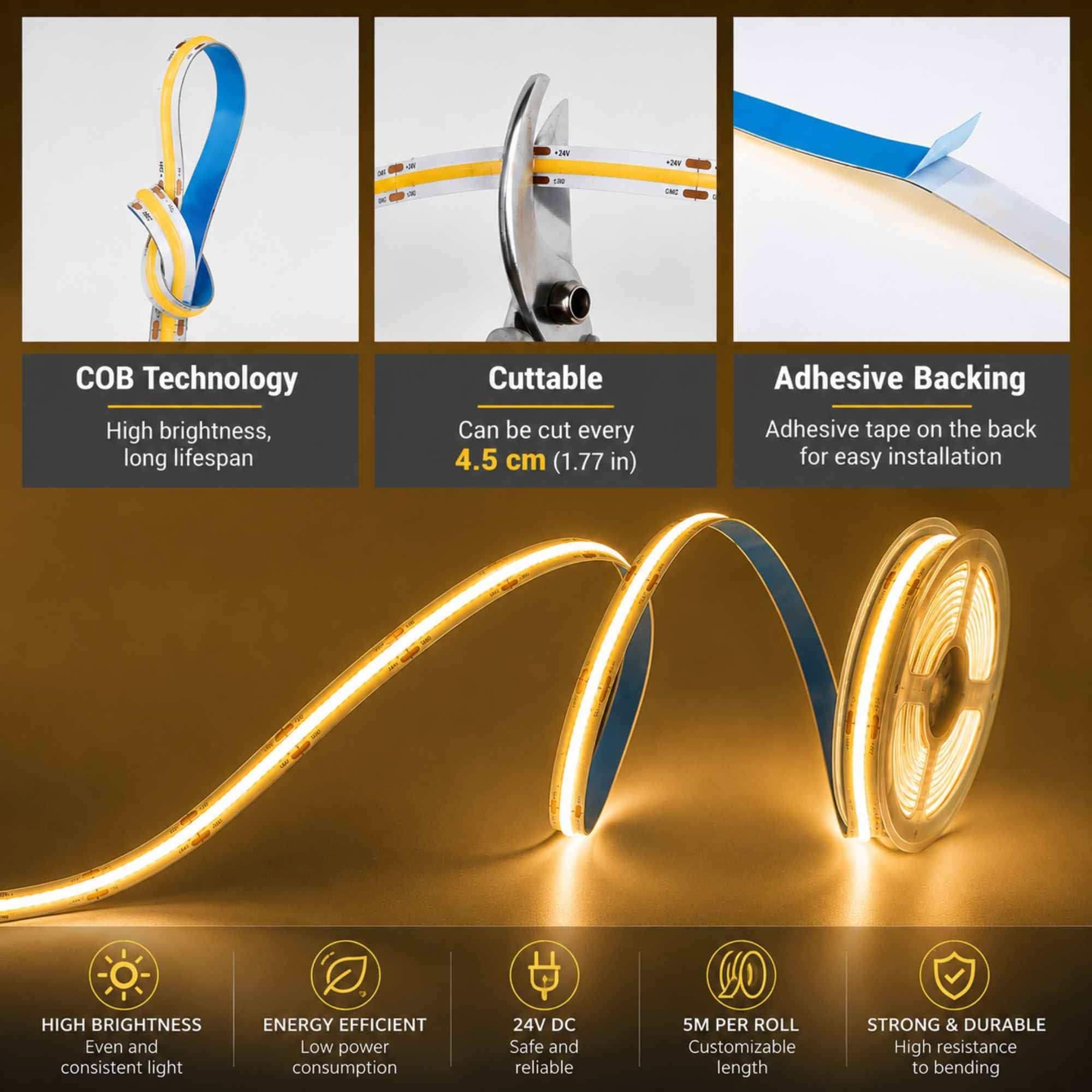 Tira LED COB 24V DC - 12W/m - 8mm - IP20 - Rollo de 5 metros - Corte cada 4,5 cm (6)