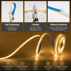 Tira LED COB 24V DC - 12W/m - 8mm - IP20 - Rollo de 5 metros - Corte cada 4,5 cm (6)
