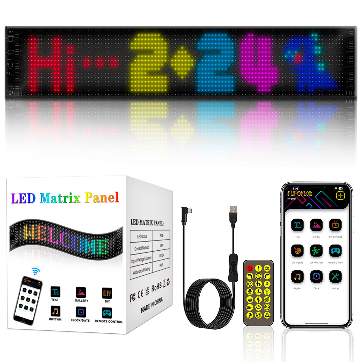 Display LED flexible programable - 12 x 59,5 cm - USB + Bluetooth + mando a distancia