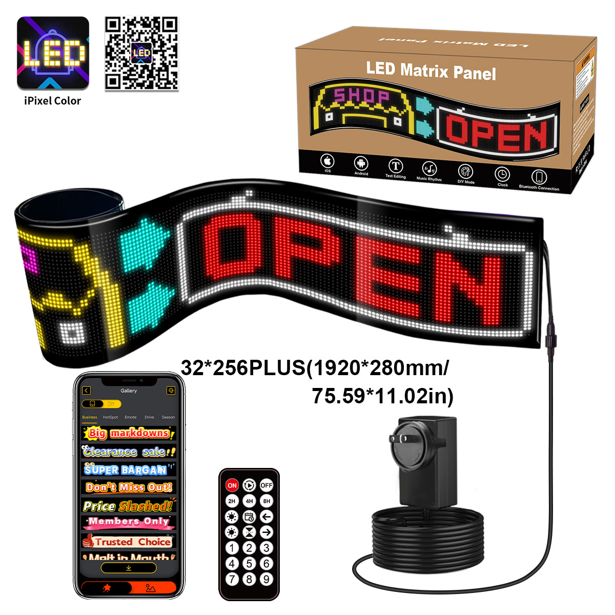 Programmable flexible LED display - 192 x 28 cm - USB + Bluetooth ...
