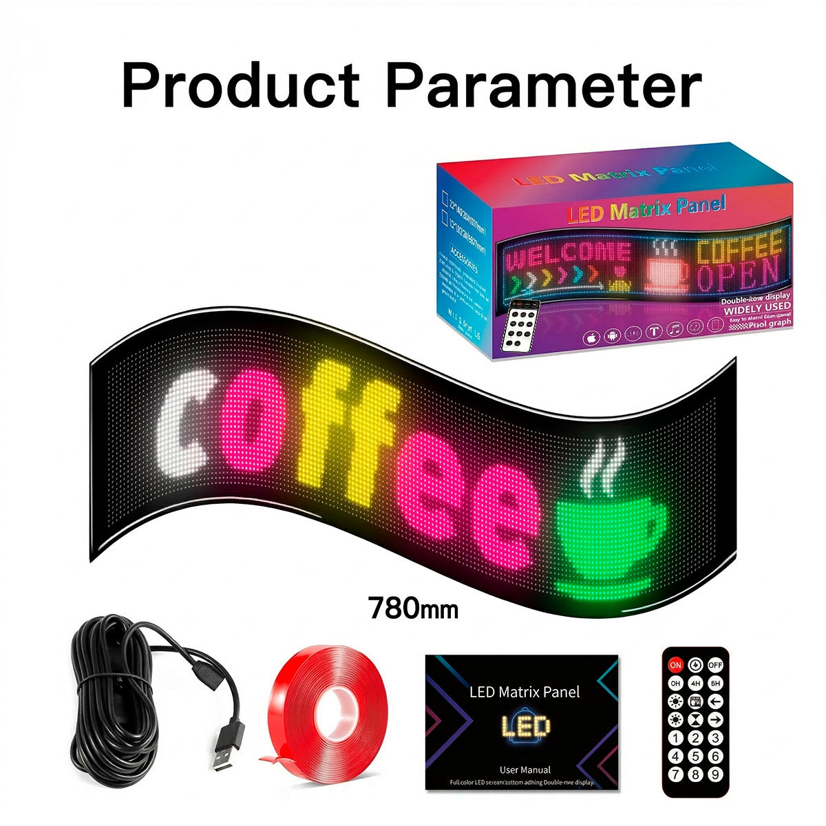 Programmable flexible LED display - 78 x 20 cm - USB + Bluetooth ...
