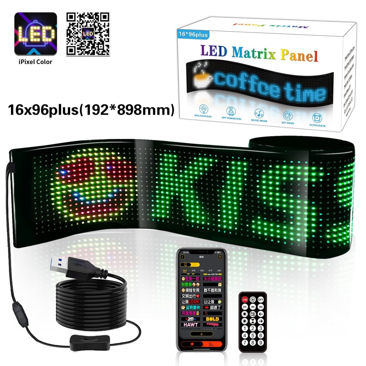 Display LED flexible programable - 89 x 19 cm - USB + Bluetooth + mando a distancia - Barcelona Led-Signage