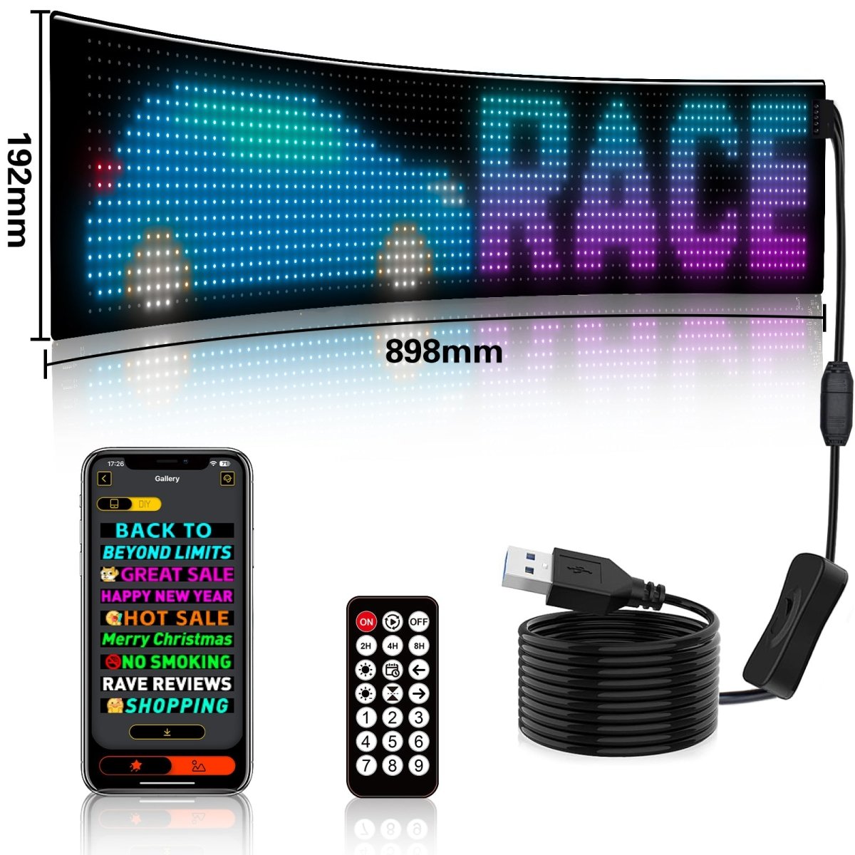 Display LED flexible programable - 89 x 19 cm - USB + Bluetooth + mando a distancia - Barcelona Led-Signage