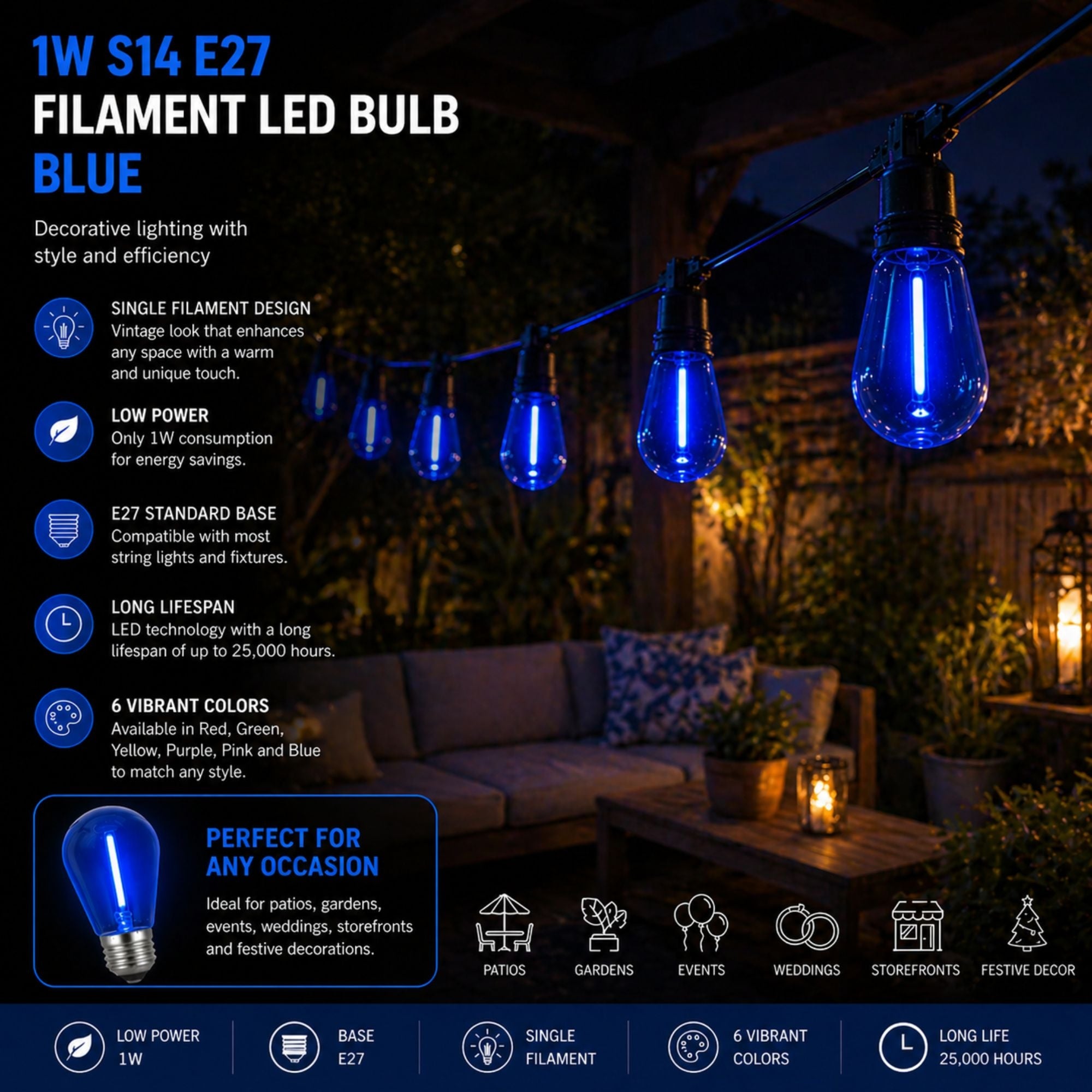 Bombilla LED Filamento - S14 E27 - 1W - Cristal de colores (10)