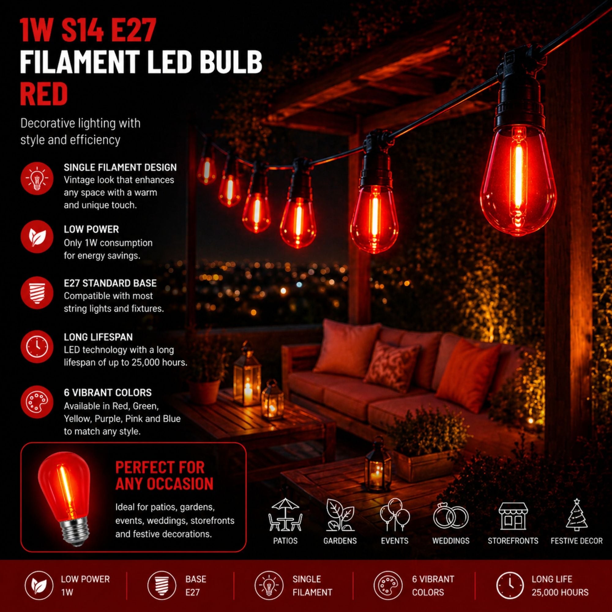 Bombilla LED Filamento - S14 E27 - 1W - Cristal de colores (15)