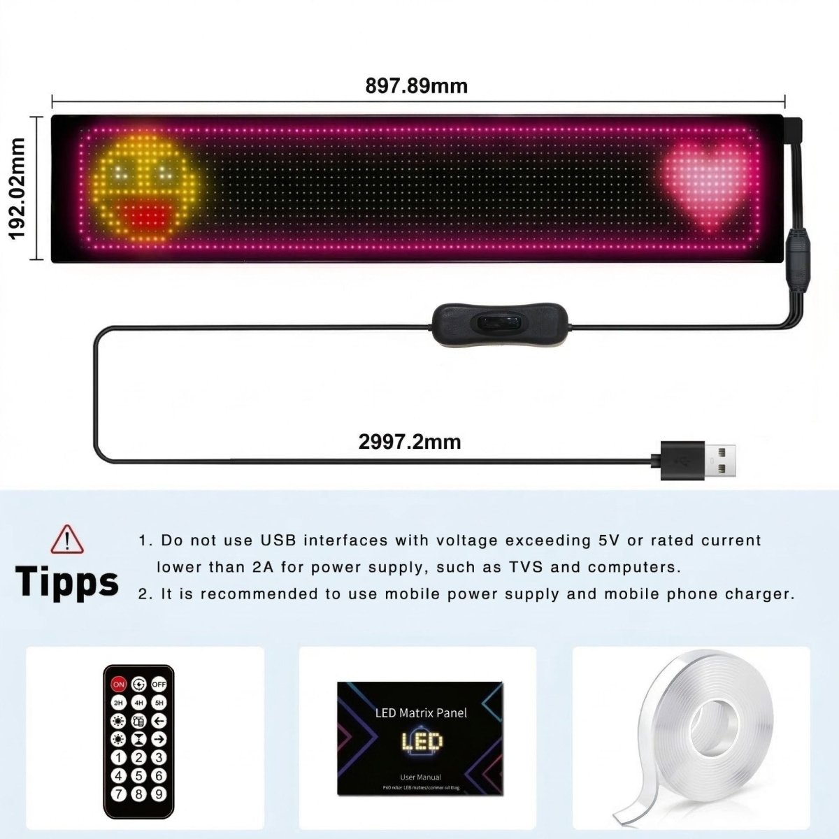 Display LED flexible programable - 89 x 19 cm - USB + Bluetooth + mando a distancia - Barcelona Led-Signage