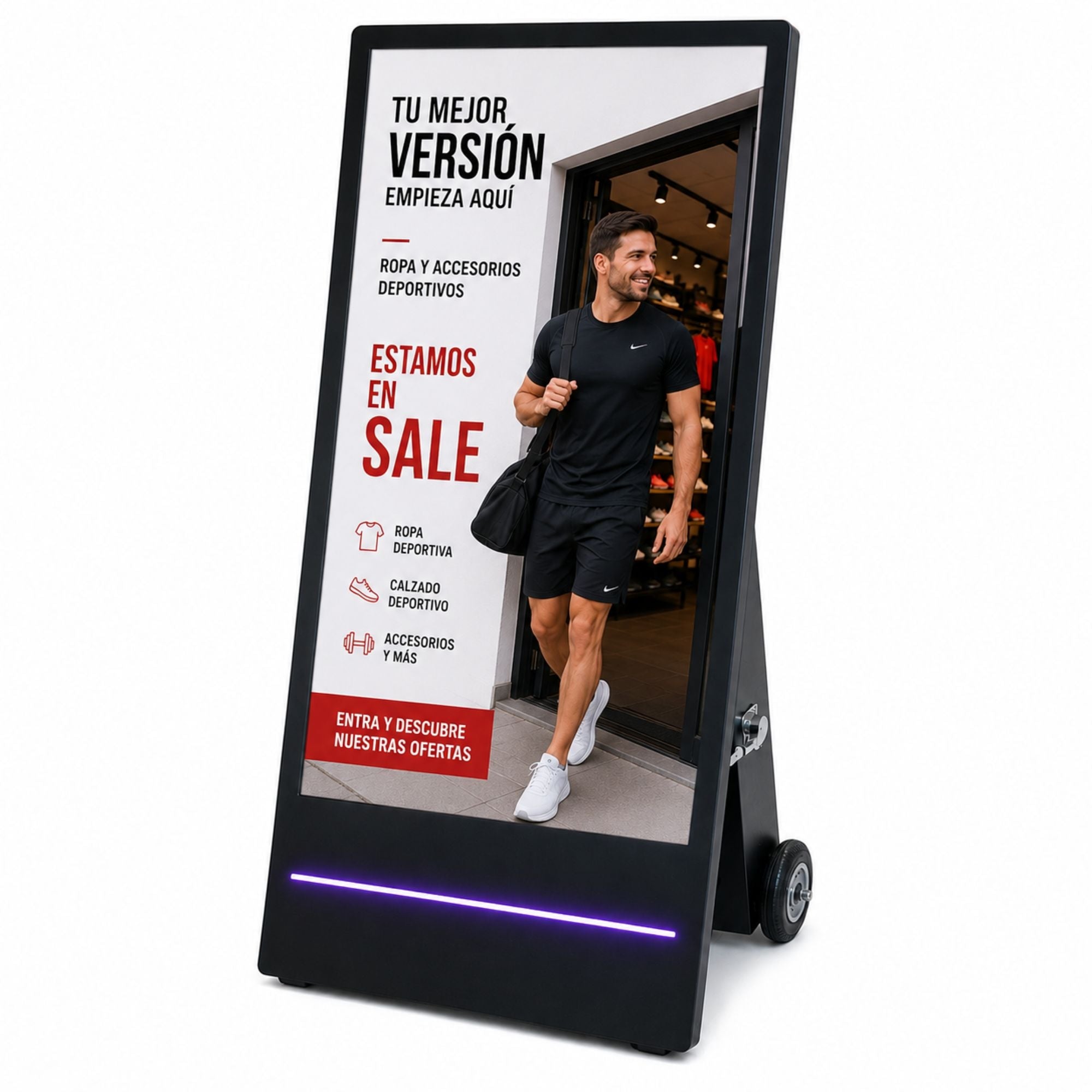 Display publicitario portátil 43'' para interior con ruedas y batería - LCD Full HD