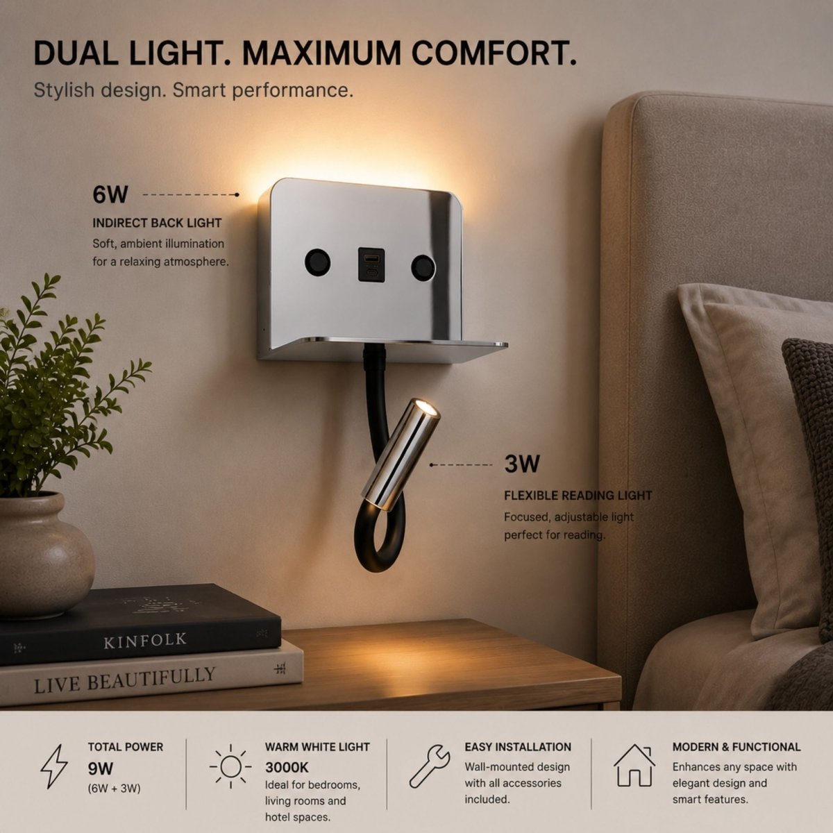 Aplique de pared para lectura "SLANGE 2" - 3W + 6W - Puerto USB + USB-C - Barcelona Led-Decoración
