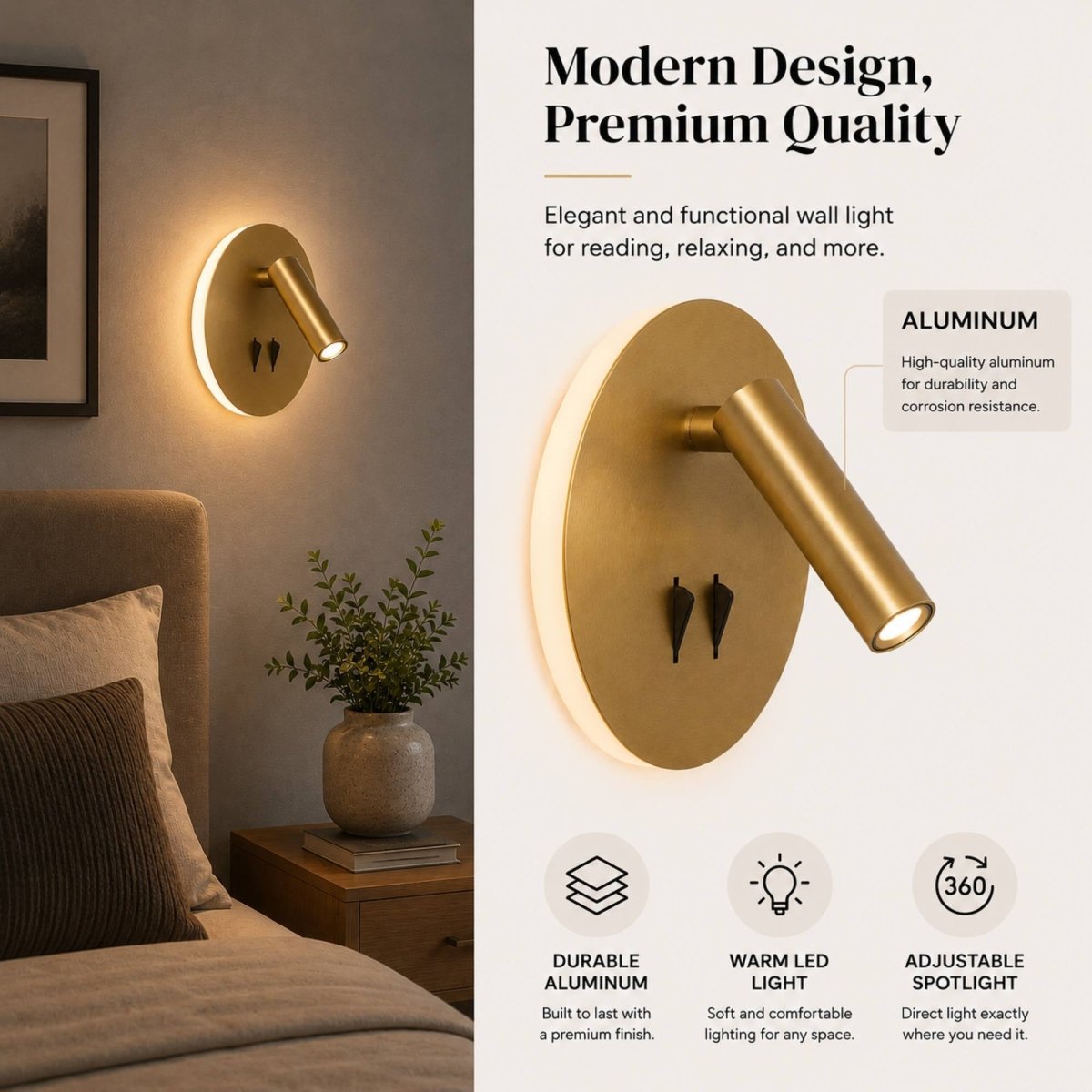 Aplique de pared para lectura "Quart" - Doble función - 3W+6W - Barcelona Led-Decoración