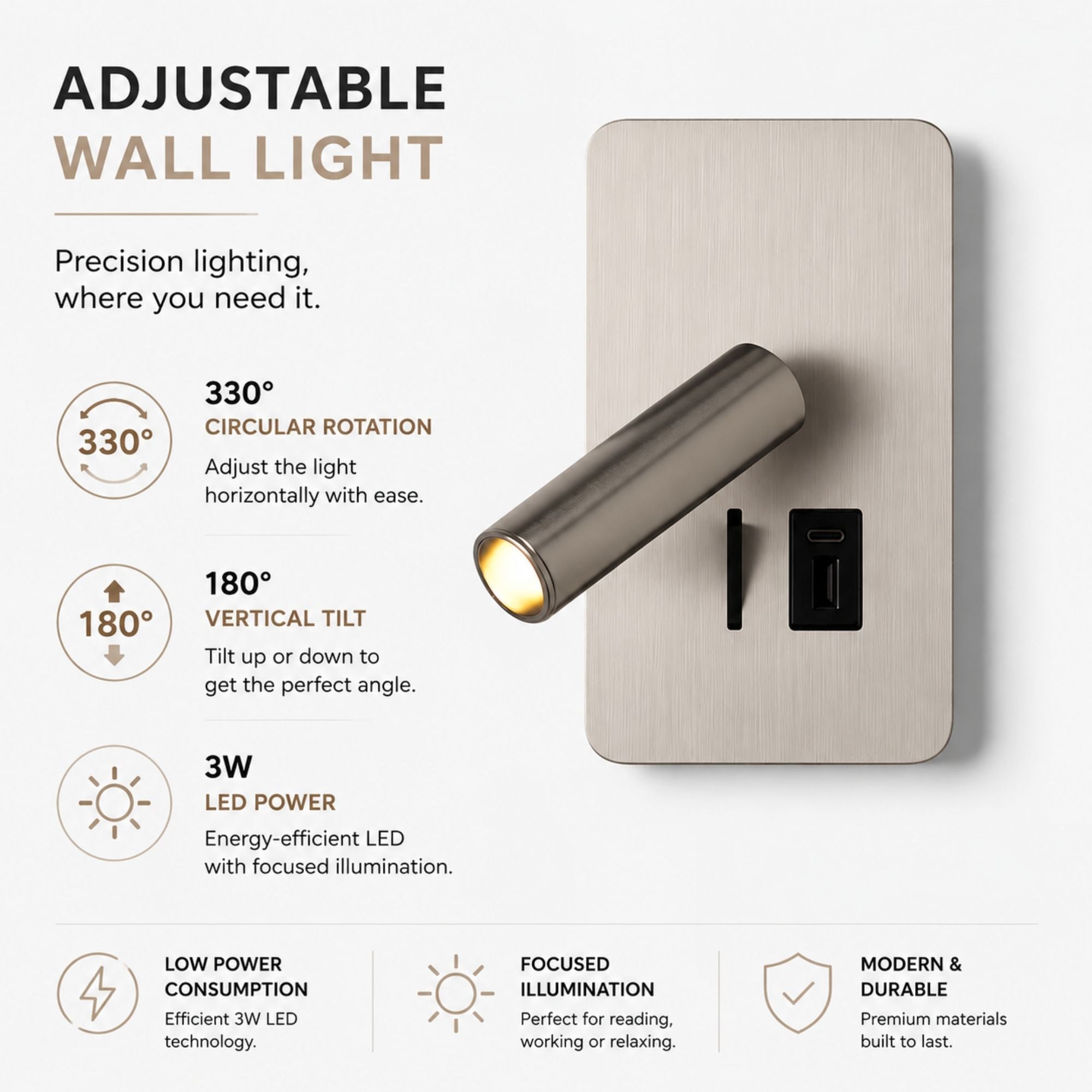 Aplique de pared "ALIX" - 3W - 2600K - USB+USB-C - Instalación superficie (4)