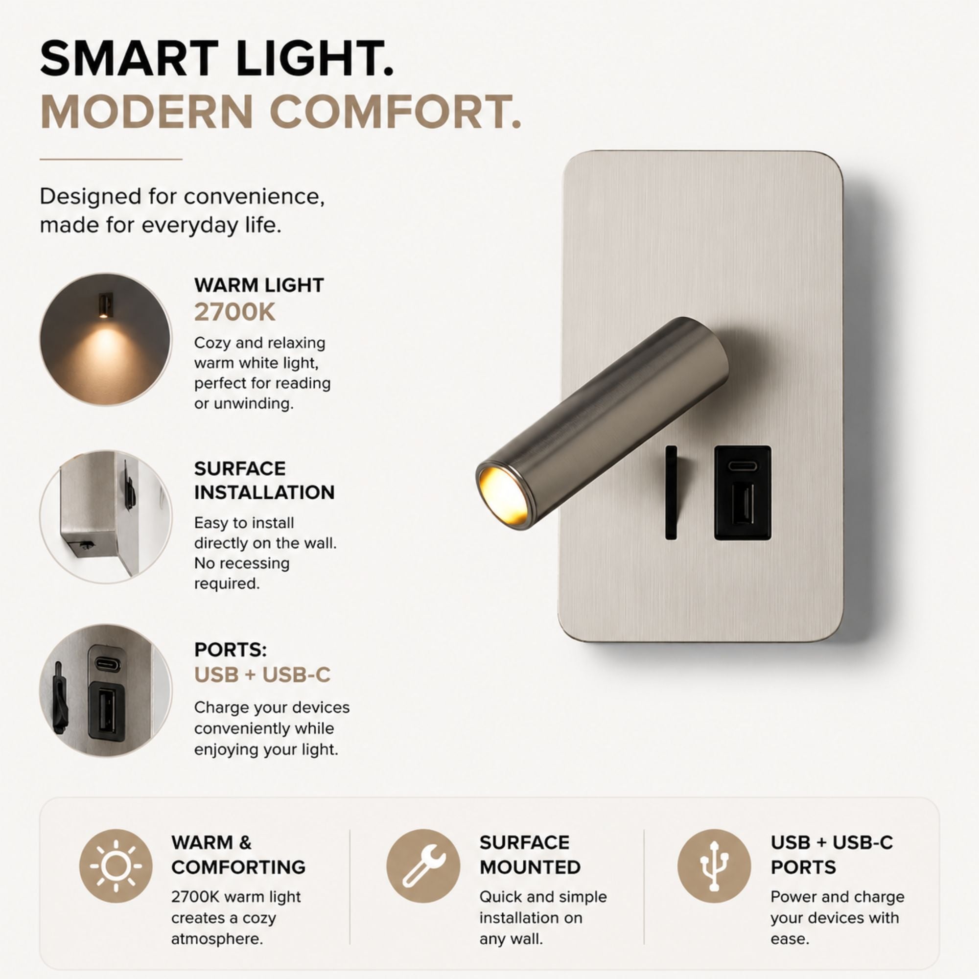 Aplique de pared "ALIX" - 3W - 2600K - USB+USB-C - Instalación superficie (1)