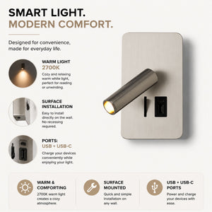 Aplique de pared "ALIX" - 3W - 2600K - USB+USB-C - Instalación superficie (1)