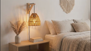 Aplique de pared en madera con pantalla de papel trenzado "Leo"