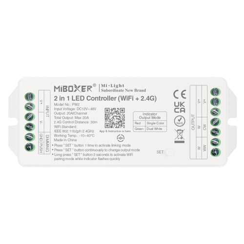 Ελεγκτής ταινίας LED 2 σε 1 - Μονοχρωματικός/Δίδυμο Λευκό - 12/48VDC - 20A - 2.4G - WiFi - Milight
