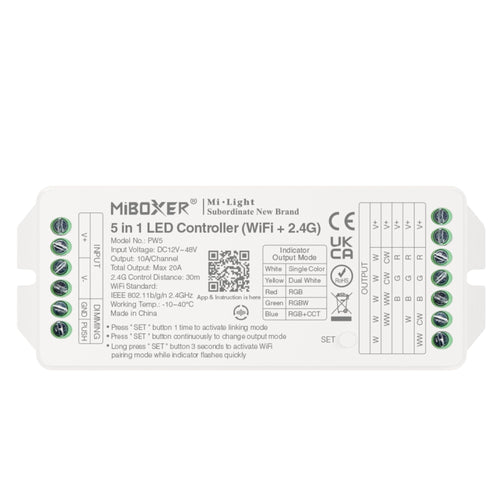 Controlador tira LED 5 en 1 - Monocolor/Dual White/RGB/RGBW/RGBCCT - 12/48VDC - 20A - 2.4G - WiFi - Milight