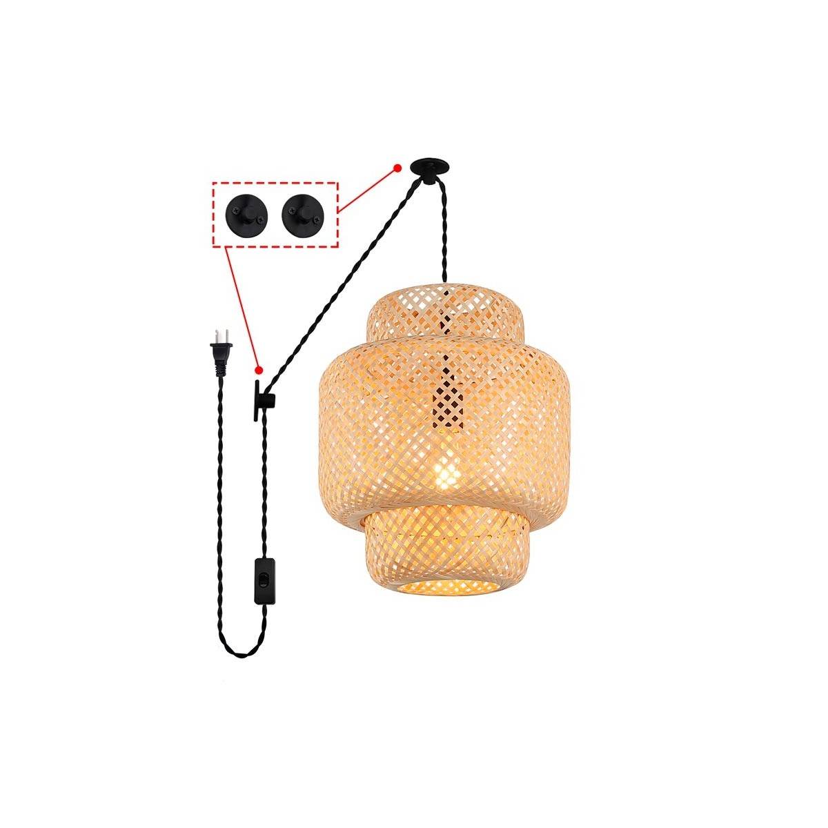 Hängeleuchte ONNA Korblampe mit Schalter und Stecker - Korbleuchte, E27 Hängelampe, Montagezubehör, Naturfasern