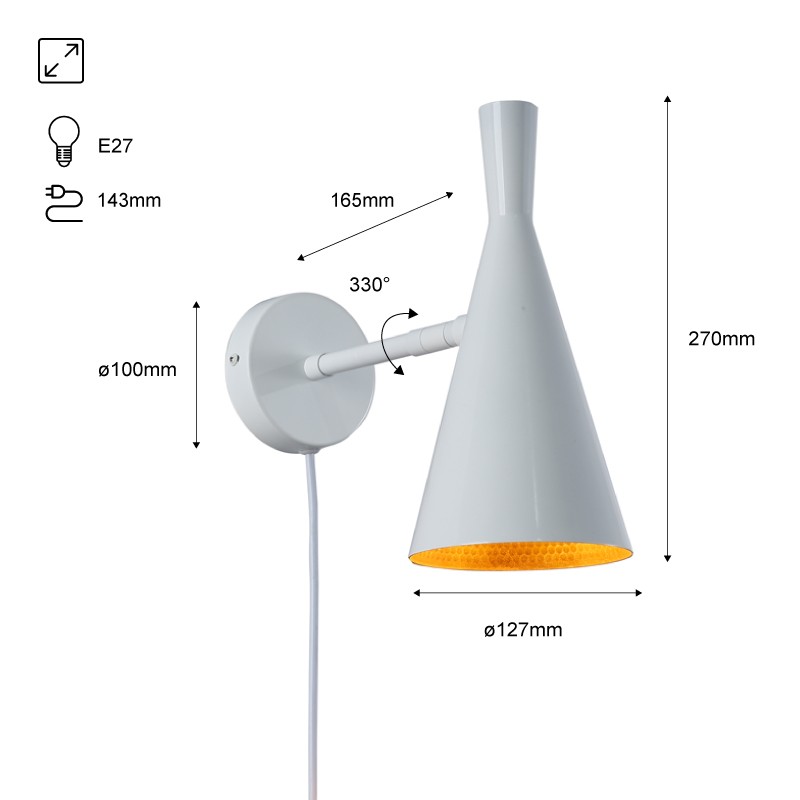 Skandi Wandleuchte mit Kabel und Stecker - E27 - Mattweiß Tom Dixon Inspiration BEAT TALL - Abmessungen Skandi Wandleuchte mit Kabel und Stecker - E27 - Mattweiß Tom Dixon Inspiration BEAT TALL - Abmessungen
