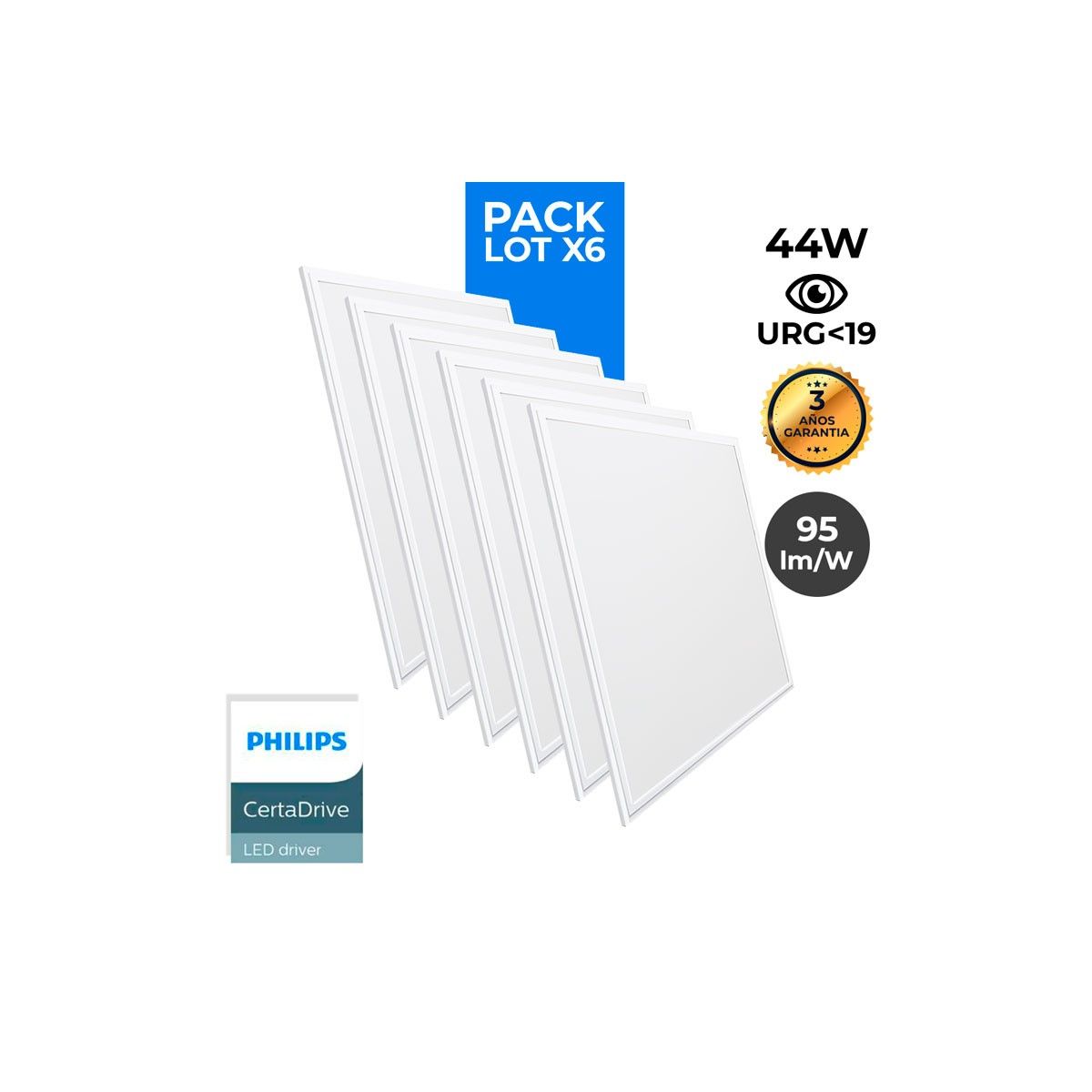 6er Pack x Slim LED Panels 60x60cm - Philips Treiber - 44W - UGR19 - alle Farbtemperaturen