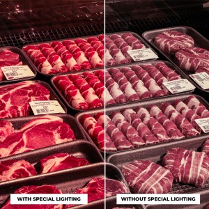 1-Phasen LED-Schienenstrahler für Metzgereien - Fleisch beleuchten - Kontrast