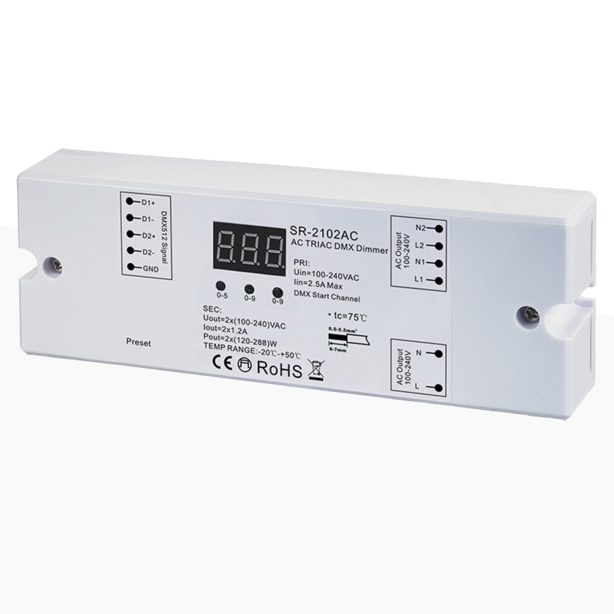 Einfarbiger AC TRIAC Controller - DMX Dimmer - 2 Kanäle 1,2A/Kanal - 100-240V - Sunricher