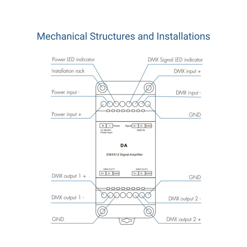 DMX-Signalverstärker - 12-36V DC - 2 Kanäle - input output DMX-Signalverstärker - 12-36V DC - 2 Kanäle - input output