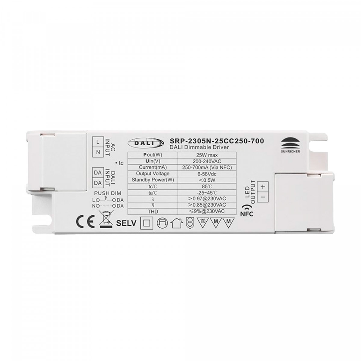 Dimmbarer DALI-Treiber DT6 einfarbig 220-240V - Ausgang 6-58V DC - 250-700 mA - 25W - DALI 2 Protokoll