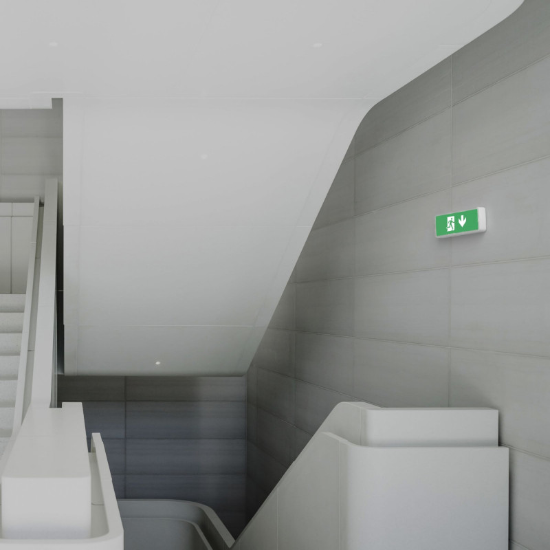 Set: Selbstklebendes Piktogramm Ausgang + Pfeil nach unten + Notleuchte 3W - LED Sicherheitsleuchte Set: Selbstklebendes Piktogramm Ausgang + Pfeil nach unten + Notleuchte 3W - LED Sicherheitsleuchte