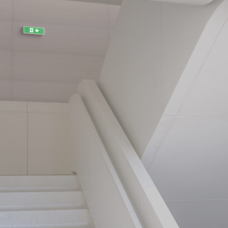 Set: Selbstklebendes Piktogramm Ausgang + Pfeil nach unten + Notleuchte 3W - LED Sicherheit Stromausfall Set: Selbstklebendes Piktogramm Ausgang + Pfeil nach unten + Notleuchte 3W - LED Sicherheit Stromausfall