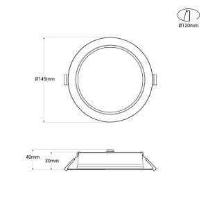 Downlight PRO 12W - CCT - 148 lm/W - IP54 - UGR19 - Einbauöffnung ø120mm - Abmessungen