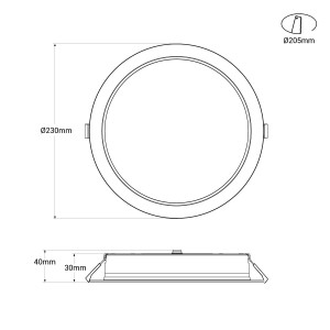 Downlight PRO 24W - CCT - 153 lm/W - IP54 - UGR19 - Einbauöffnung ø205mm - Abmessungen