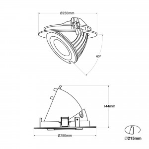 LED COB CCT Downlight 42W - CRI90 - Bridgelux LEDs - Lifud Treiber - IP20 - Einbauöffnung Ø 215mm - Abmessungen