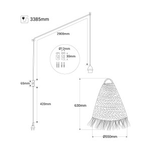 Naturfaser Pendelleuchte NAM XL mit Schalter und Stecker - Abmessungen