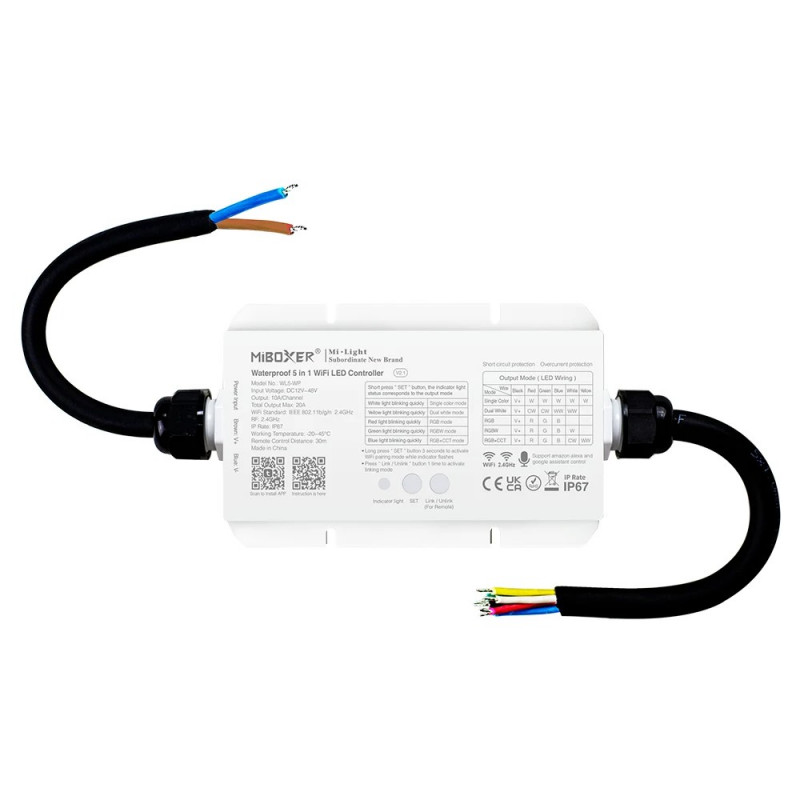 5 in 1 wasserdichter Controller für LED Streifen - 12-48V DC - 2,4G - WLAN - MiBoxer - IP67 - WL5-WP