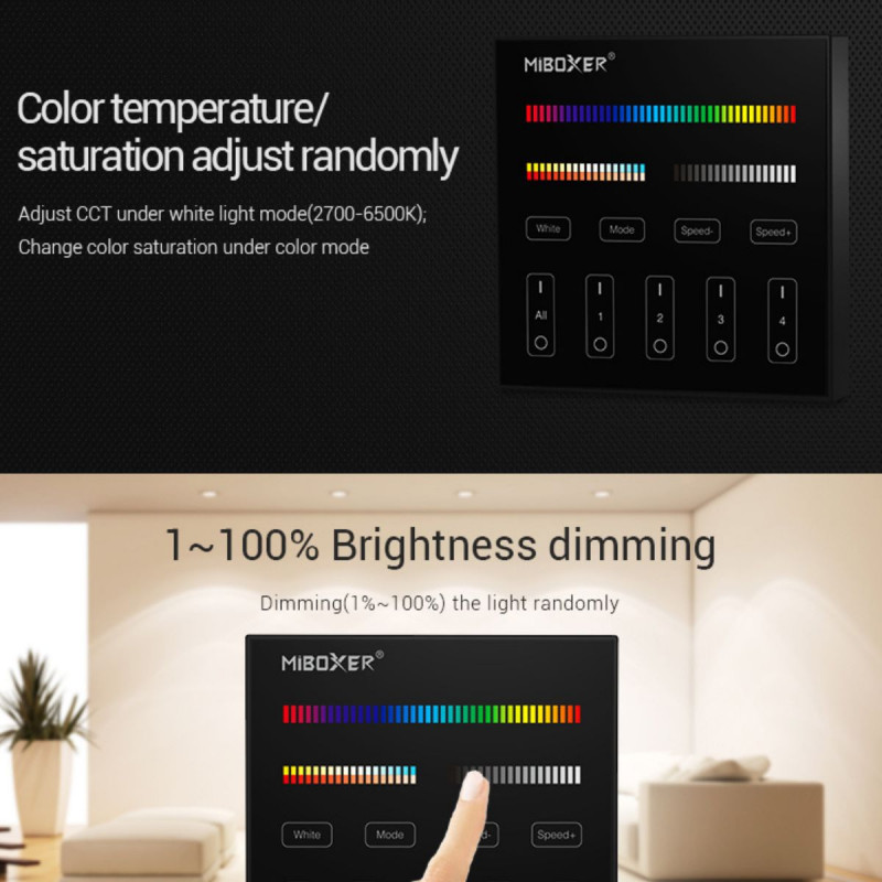 RGB + CCT Touch-Steuerung 4 Zonen - Schwarz - Milight - LED Steuergerät, alle Modi, Dimmer - MiBoxer RGB + CCT Touch-Steuerung 4 Zonen - Schwarz - Milight - LED Steuergerät, alle Modi, Dimmer - MiBoxer